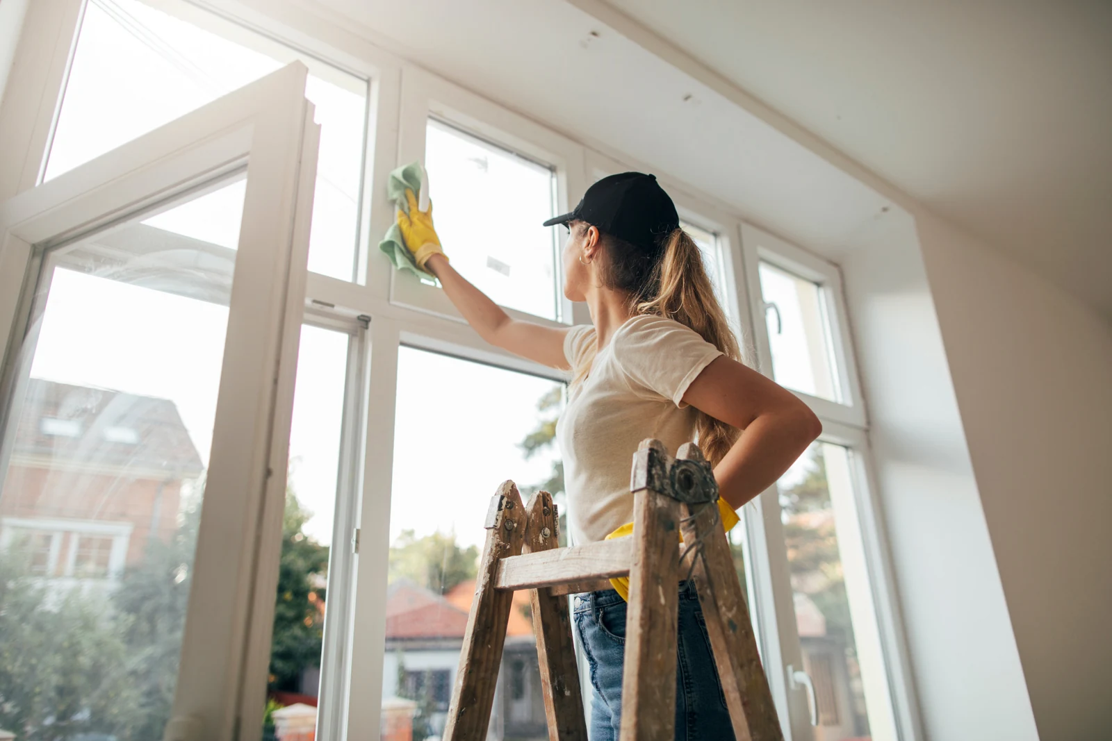 Cleaner working on interior windows
