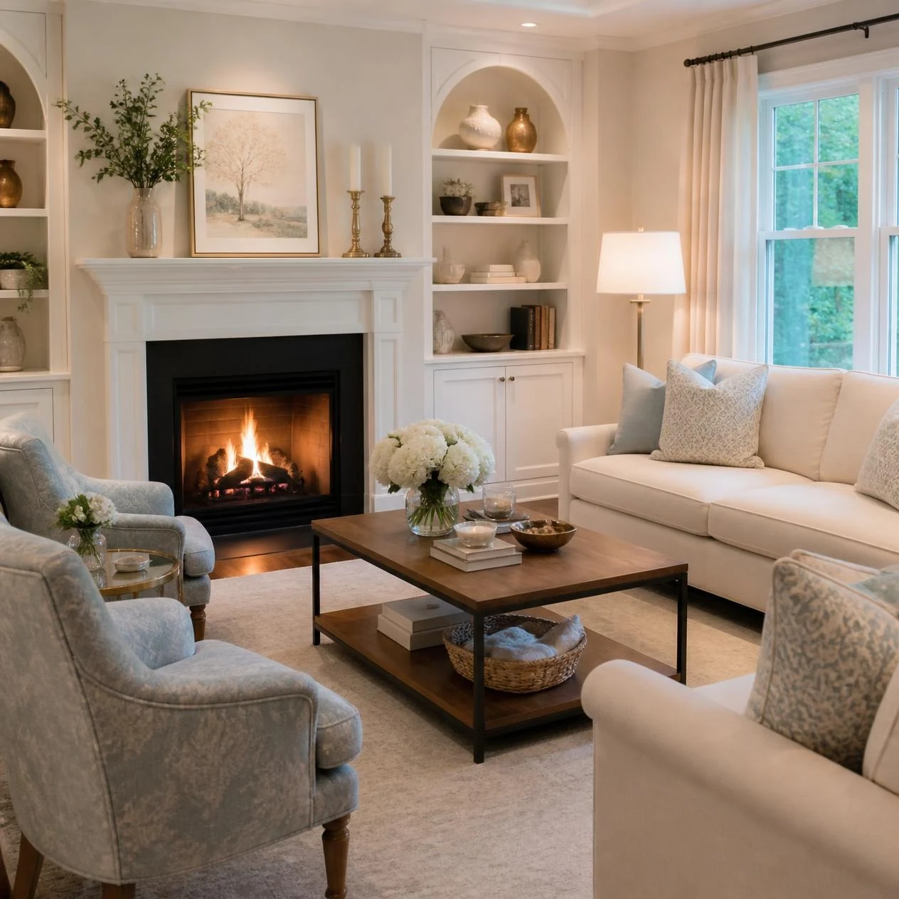 Clean living room with fireplace