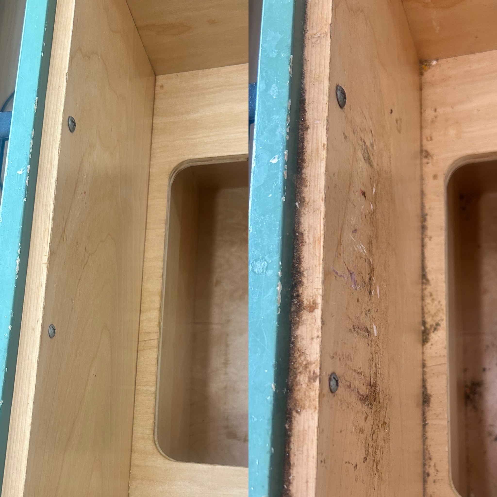Cabinet interior - after on the left, before on the right